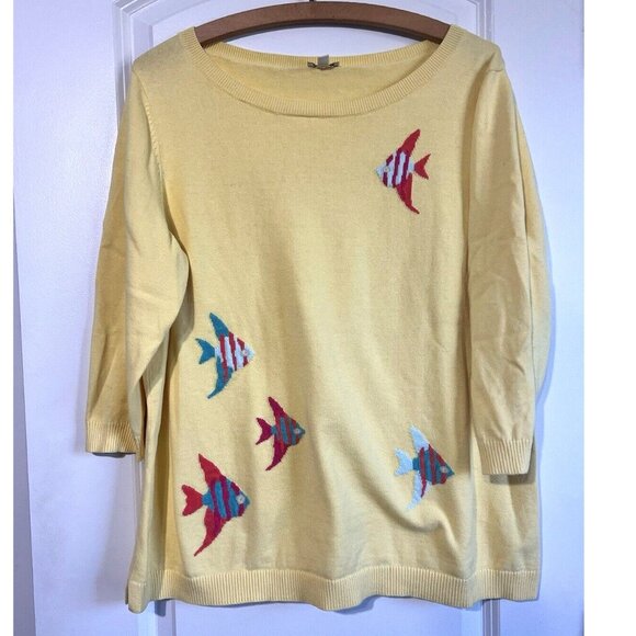 Talbots Women Yellow Embroidered Angel Fish Sweater 1X 3/4 Sleeve 100% Cotton - Picture 1 of 11